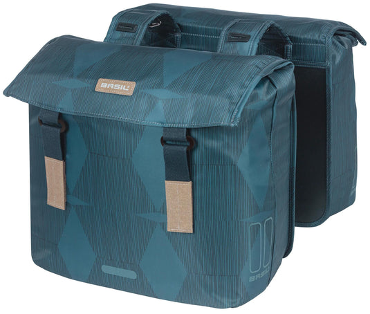 Basil Elegance dubbele fietstas, blauw, gerecycled PET, gevoerd, waterkerende sluiting, Universal Bridge, 40-49L