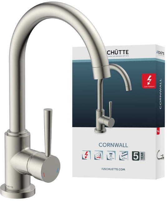 Schütte cornwall design keukenkraan voor waterverwarmer met vrije uitloop - lage druk - mengkraan - hoge, draaibare uitloop - zijdelingse greep - roestvrije staal-look