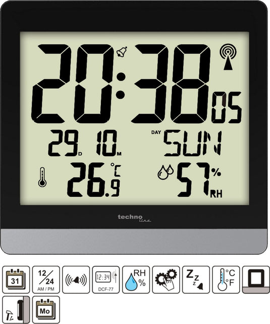 Technoline digitale radiogestuurde wandklok tafelklok - thermometer hygrometer - datum - snooze functie ws 8014