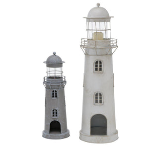 Boltze home lantaarn vuurtoren grijs-wit glas metaal set 2-delig h54-75cm