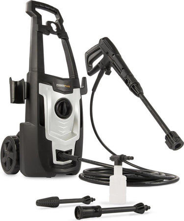 Powerplus elektrische hogedrukreiniger powxg90405 - 1400 w terrasreiniger, start stop functie, max. druk van 110 bar en temperatuur van 50 °c, 5 m slang en accessoires inbegrepen, reinigen van auto's, meubelen en fiets