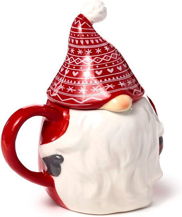 Puckator beker mok met deksel - scandi kerst gnoom kabouter gevormd - rood wit - keramiek - 500ml