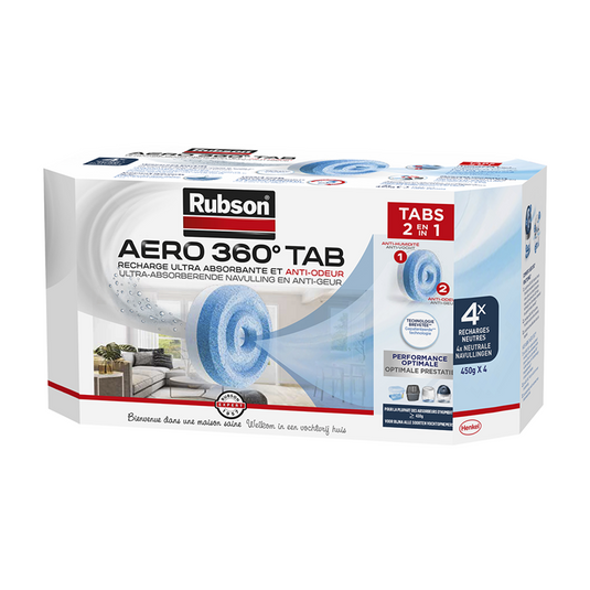 Rubson aero 360 navullingen neutral 4 stuks | vochtvanger luchtontvochtiger navulling | vochtvanger navul tabs | kamer ontvochtiger vochtopnemer tabs.