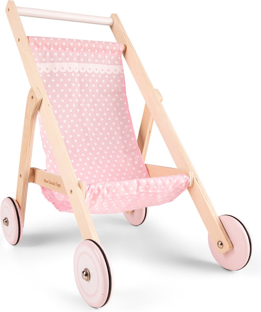 Woet ® houten poppenwagen - roze speelgoed poppenbuggy met stippen - duwhoogte 50 cm - rollenspel poppenaccessoire - vanaf 3 jaar
