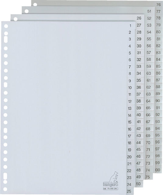 Kangaro tabbladen - a4 - pp 120 micron - grijs - 23-gaats - 100-delig cijfers