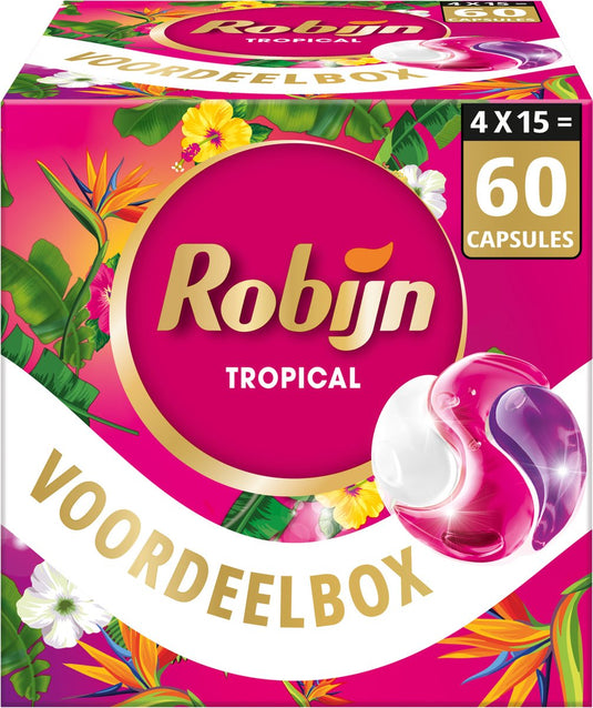 Robijn - 3-in-1 wascapsules - color tropical - wasmiddel - 4 x 15 stuks - 60 wasbeurten