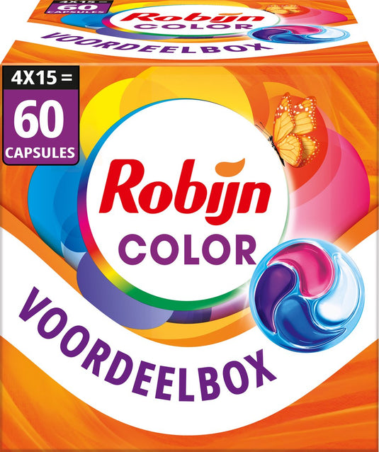 Robijn wasmiddel - 4-in-1 wascapsules - color - 4 x 15 stuks - 60 wasbeurten - voordeelverpakking