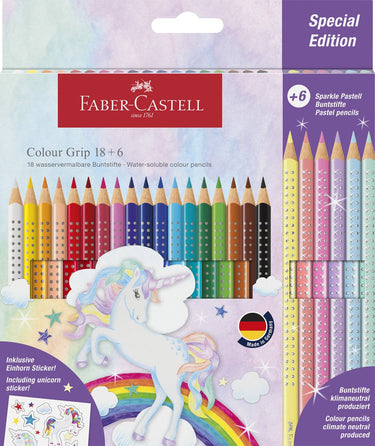 Faber-castell kleurpotloden - grip unicorn - 18 colour grip + 6 sparkle pastel + unicorn stickers - fc-201543