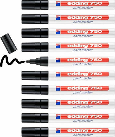Edding 750 lakmarker - zwart - ronde punt 2-4 mm - doosje van 10 stuks - verfstift voor markeren en labelen van metaal, glass, steen of plastic - hittebestendig, permanent, veegvast en watervast