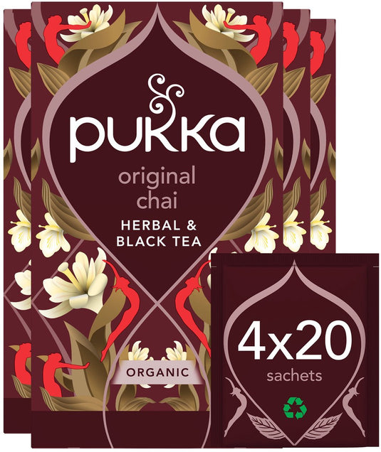 Pukka tea original chai - 80 theezakjes - biologische kruidenthee - 4 x 20 zakjes - thee voordeelverpakking