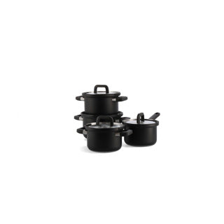Load image into Gallery viewer, Bk flow cool black pannenset 4-delig - 16 18 20cm - zonder pfas-vrije antikleeflaag - pannenset inductie - rvs kookpan - ovenbestendig tot 160°c - met deksel - zilver
