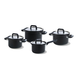 Load image into Gallery viewer, Bk flow cool black pannenset 4-delig - 16 18 20cm - zonder pfas-vrije antikleeflaag - pannenset inductie - rvs kookpan - ovenbestendig tot 160°c - met deksel - zilver
