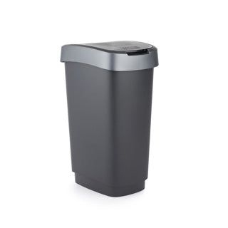 Load image into Gallery viewer, Rotho twist afvalbak met swingdesksel 25l - zwart zilver - bpa-vrij -incl 6 sticker voor diverse afvalstromen
