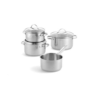 Load image into Gallery viewer, Bk essentials pannenset 4-delig - 16 18 20cm -zonder pfas-vrije antikleeflaag - pannenset inductie - inductie kookpan - rvs pannenset - ovenbestendig tot 230°c - met glazen deksel - zilver
