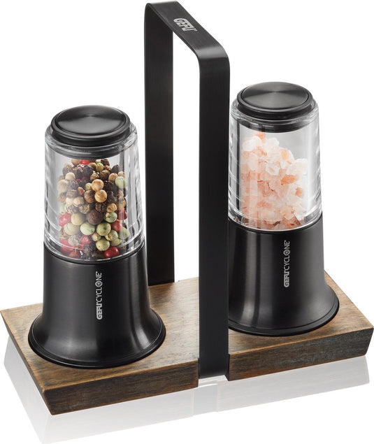 Gefu x-plosion® peper- en zoutmolen set – 2-delig – zwart – met acaciahouten houder