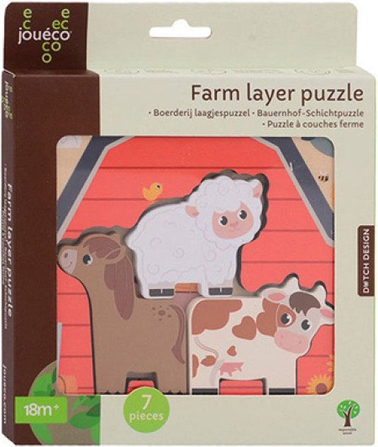 Jouéco houten boerderij puzzel met lagen educatief speelgoed.