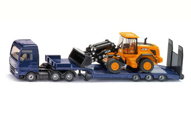 Siku 1790, man vrachtwagen met dieplader en jcb-shovel, 1:87, metaal kunststof, blauw geel, opklapbare oprijplaat, beweegbare arm