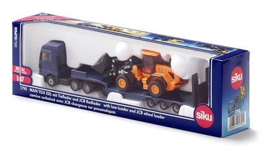 Siku 1790, man vrachtwagen met dieplader en jcb-shovel, 1:87, metaal kunststof, blauw geel, opklapbare oprijplaat, beweegbare arm