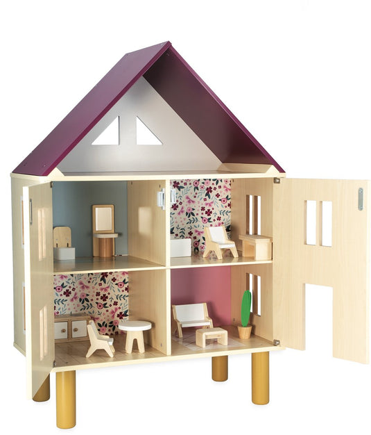 Janod twist - doll's house - houten poppenhuis met drie verdiepingen - geleverd met 11 meubels om het huis in te richten - geschikt vanaf 3 jaar