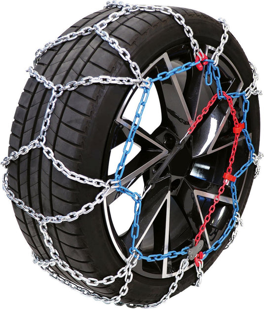 Carpoint sneeuwkettingen – rvx 255 – 16mm gehard stalen schakels – o norm v5117 en en 16662 1 gecertificeerd - semiautomatische spanner – kruisspoor verbetert de grip – incl. nood reparatieschakels, handschoenen, handleiding handige opbergtas