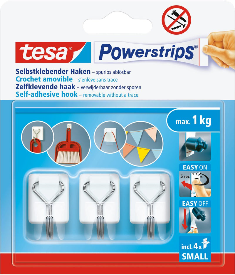 Afbeelding laden in galerijviewer, Tesa powerstrips haken small - wit - 3 x haak, 4 x strips - afneembare draadhaken - zonder boren

