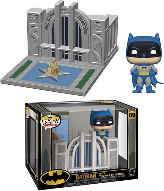 Funko pop town hall of justice with batman vinyl figure