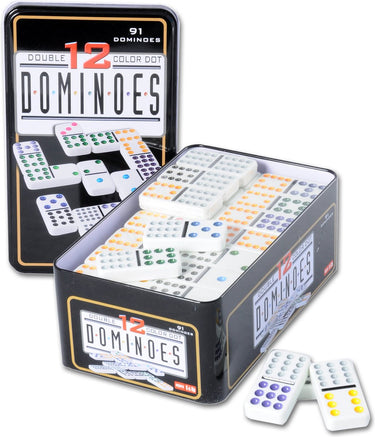 Engelhart domino dubbel 12 – 91 stenen met gekleurde ogen – compact blik – klassiek spel voor thuis – strategisch familiespel -
