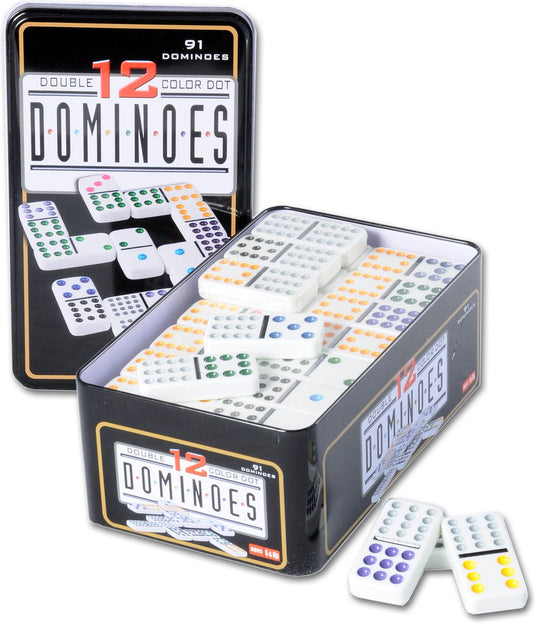 Engelhart domino dubbel 12 – 91 stenen met gekleurde ogen – compact blik – klassiek spel voor thuis – strategisch familiespel -