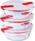 Pyrex - cook heat schaal rond met deksel -inhoud elk 1,1 liter - set van 3 stuks - transparant rood wit