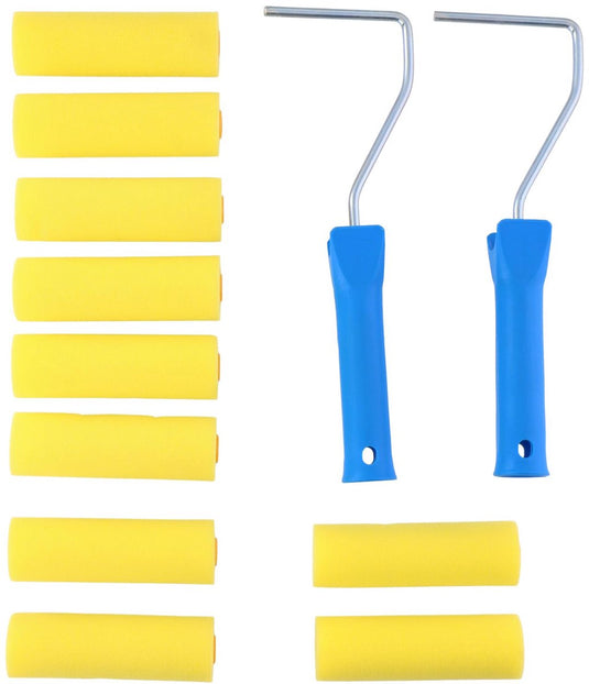 Kinzo verfroller set 12 delig met 10x schuimroller en 2 handgrepen - foam lakroller verfroller 10 cm - mini verfrollers verfbenodigdheden