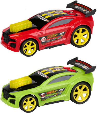 Eddy toys raceauto licht geluid - speelgoed auto met licht en geluidseffecten - raceauto met spoiler en grote wielen - 1 willekeurige kleur rood of groen
