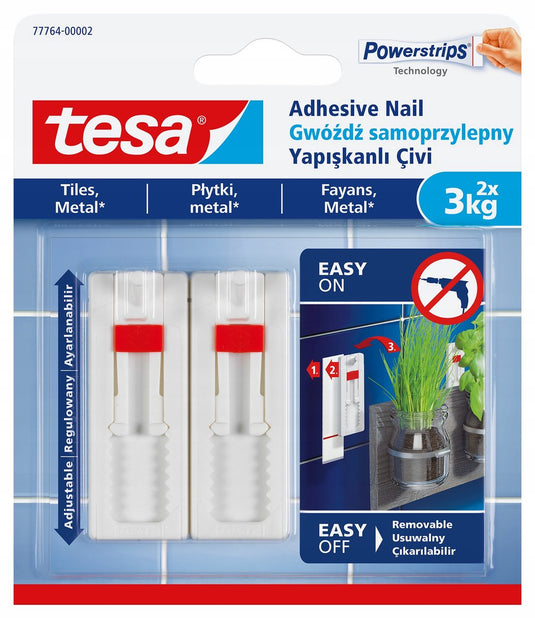 Tesa ® verstelbare zelfklevende spijker - voor tegels metaal - 2 stuks - draagkracht tot 3 kg per spijker - zonder boren - wit