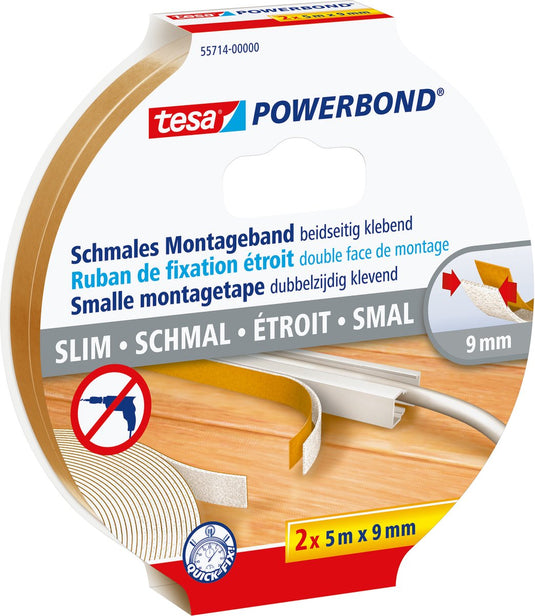 Tesa powerbond montagetape smal dubbelzijdig schuim extra sterk – beige 2 rollen 5m x 9mm