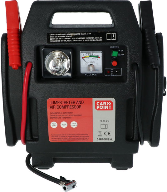 Carpoint jumpstarter – 12 volt –met luchtcompressor - piekvermogen 400a – opladen met 230 volt of 12 volt adapter – maximale druk compressor 18 bar 260 psi – ingebouwde led verlichting – afmeting 365x345x175mm