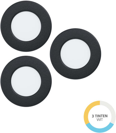 Eglo fueva 6 inbouwspot - led - ø 8.8 cm - zwart - instelbaar wit licht (warm, neutraal en daglicht) - set van 3 stuks