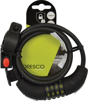 Dresco kabelslot 120 8 code - spiraal cijferslot - 120cm - rond 8mm - met steun - zwart