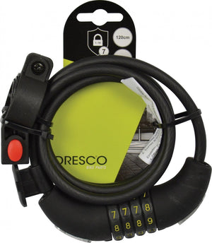Dresco kabelslot 120 8 code - spiraal cijferslot - 120cm - rond 8mm - met steun - zwart