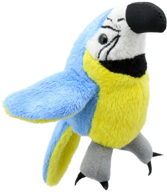 The puppet company vingerpop papegaai blauw-goud 12cm speelgoed.