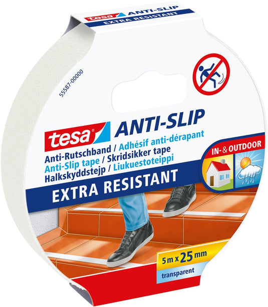 Tesa antisliptape plakband trappen ladders vloeren binnen buiten zelfklevend – transparant 5m x 25mm