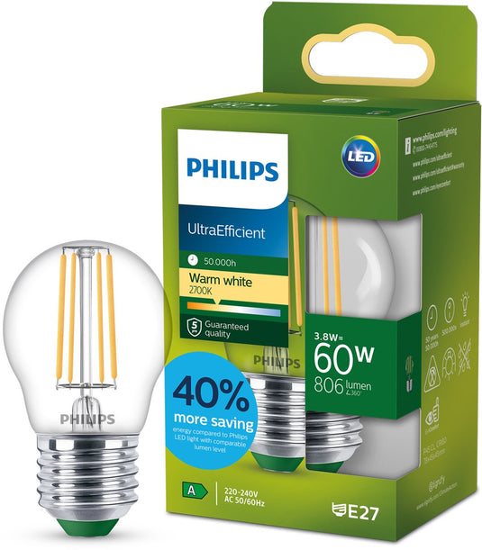 Philips led philips ultraefficient led lamp - 60w - e14 fitting - warmwit licht: 2700k - helder glas - p45 kogellamp - lange levensduur