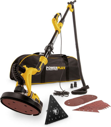 Powerplus elektrische langnekschuurmachine powx0477 - 710w wand- plafondschuurmachine - schuurpapier ø225mm - 1500min-1 - telescopisch - met 12 acc.
