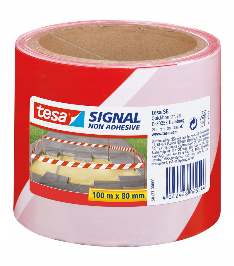 Load image into Gallery viewer, Tesa 1x afzetlint markeerlint rood wit 8 cm x 100 mtr - klus bouwbenodigdheden - afzetlinten markeerlinten - gevarenzone linten - weg parkeerplaats afzetten met lint
