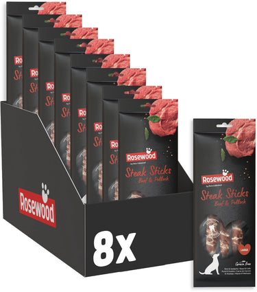 Rosewood steak sticks rund koolvis large - kauwstaven voor grote honden - met runderhuid - graanvrij - zonder kunstmatige toevoegingen - 8 zakjes à 3 kauwstaven