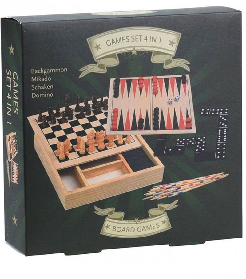 Load image into Gallery viewer, Koopman houten spellendoos 4 in 1 met schaken - backgammon - domino - mikado - 17x17cm - reiseditie
