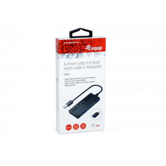 Equip 128956 4-port usb 3.0 hub with usb-c adapter, usb 3.2 gen 1 type-a, 5000 mbit s, black