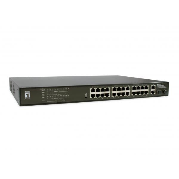 Load image into Gallery viewer, Levelone gep-2821 28-port gigabit poe switch, 24x poe outputs, 2x gigabit rj45, 2x gigabit sfp, 1u
