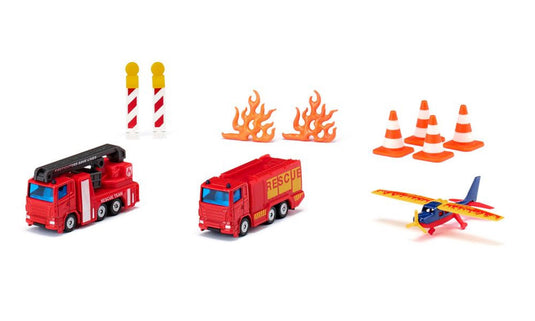 Siku 6330, cadeauset brandweer, vrachtwagen met autoladder, brandweerauto, vliegtuig, beweegbare onderdelen, incl. pilonnen en vuur