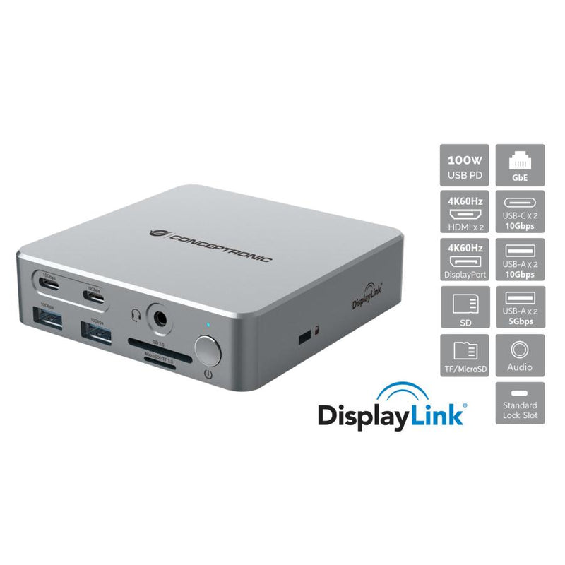 Load image into Gallery viewer, Conceptronic donn25g 15-in-1 displaylink usb 3.2 gen 2 docking station, type-c 10 gbps, usb-a x2
