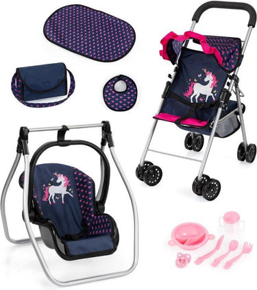 Bayer design opvouwbare poppenbuggy, poppenwagen, dubbele wielen, tas, aankleedkussen, wieg, accessoires