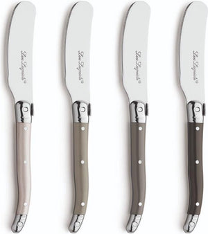 Lou laguiole – 4-delige botermessenset – in houten kistje - mix van authentieke kleuren (peper, grijs, parelmoer, taupe) – 16 cm – vaatwasmachinebestendig - botermesje